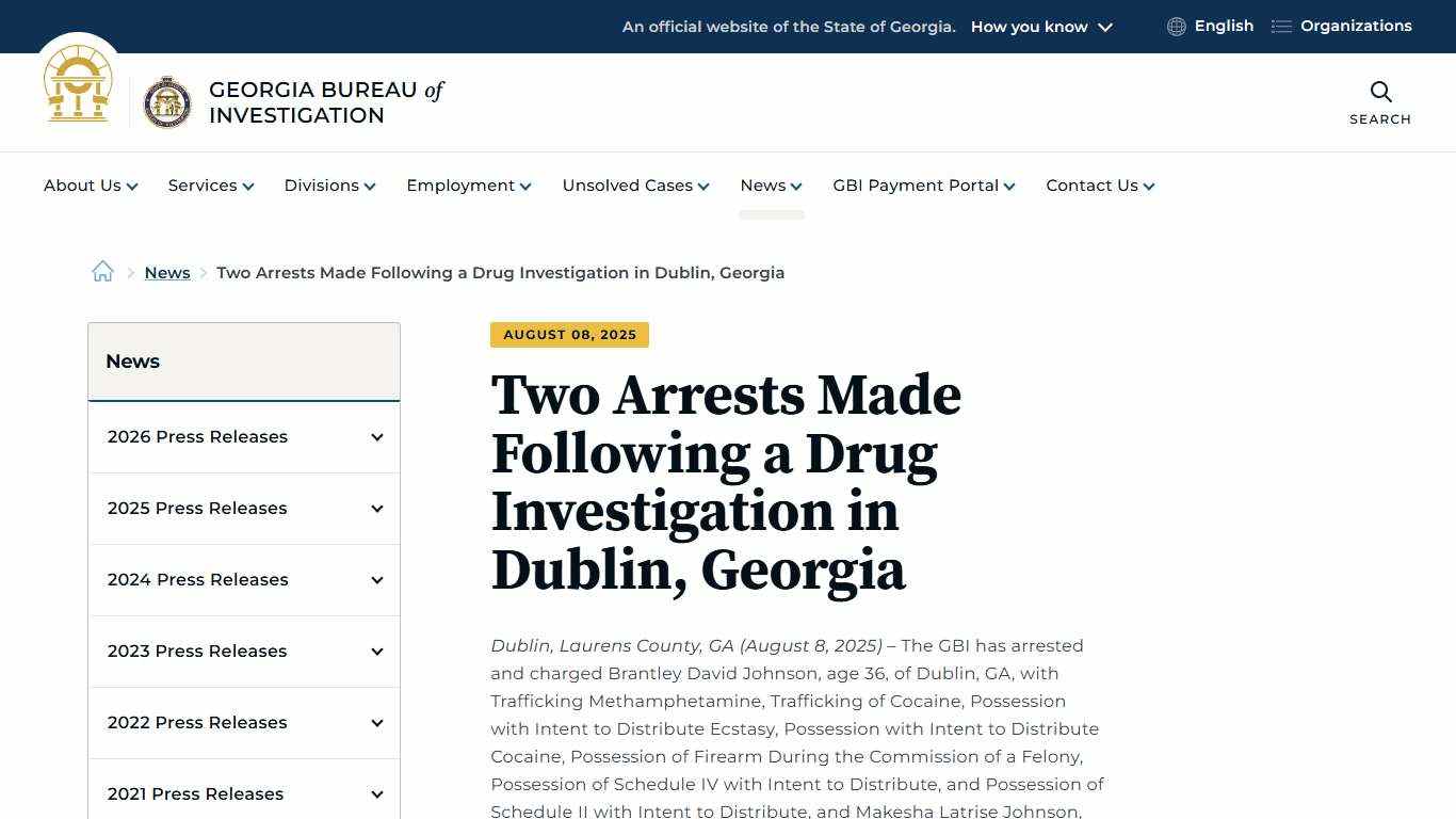 Two Arrests Made Following a Drug Investigation in Dublin, Georgia | Georgia Bureau of Investigation